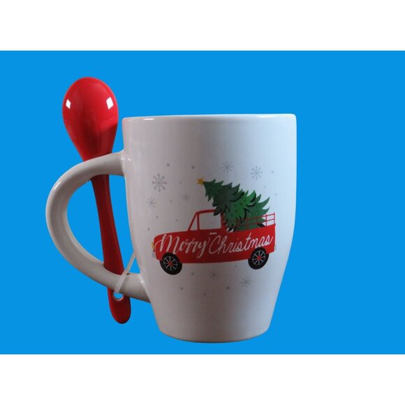 Christmas Mug W/ Red Truck & Tree Design Includes Red Spoon - Picture 3 of 5